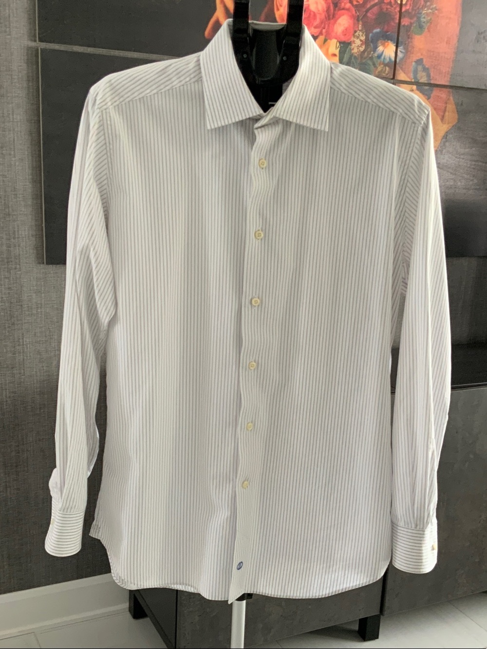David Donahue White Dress Shirt with Thin Gray Pinstripes 16.5 34/35